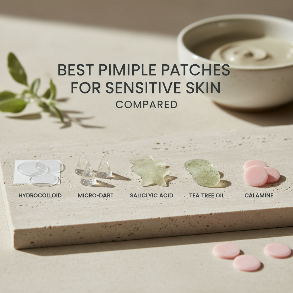 An advertisement displays five pimple patches for sensitive skin, labeled "HYDROCOLLOID," "MICRO-DART," "SALICYLIC ACID," "TEA TREE OIL," and "CALAMINE."