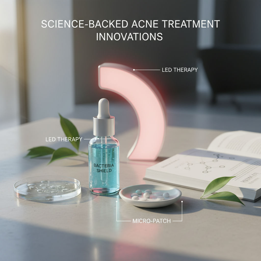 A bottle of Bacteria Shield LED therapy, a small dish of micro-patch pills, an open book, and a pipette are arranged on a table with accompanying text highlighting LED therapy and micro-patch technology.
